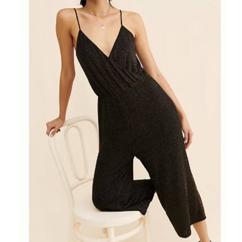 NEW If By Sea Black Metallic Shimmer Wide Leg Cropped Jumpsuit Womens Med